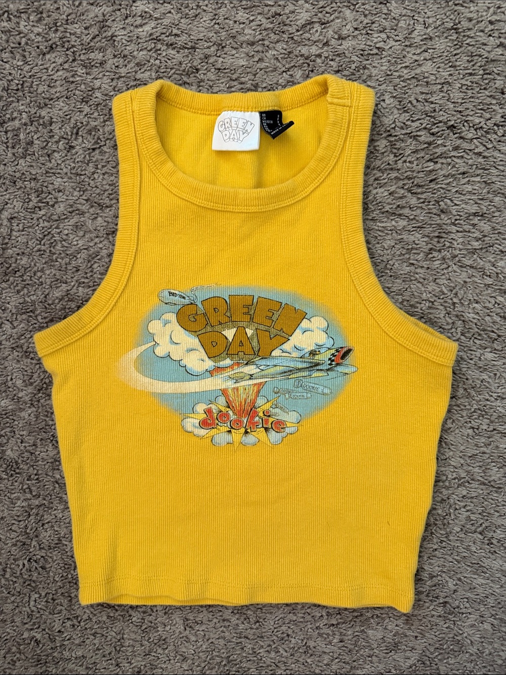 Green Day Yellow Ribbed Graphic Crop Tank